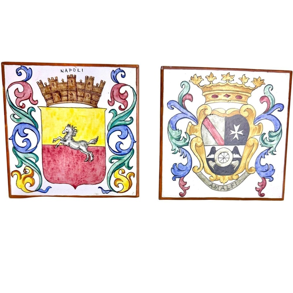 Set of 2 Vintage Italian Ceramic Crest Tiles Napoli Amalfi 6in Marazzi Italy